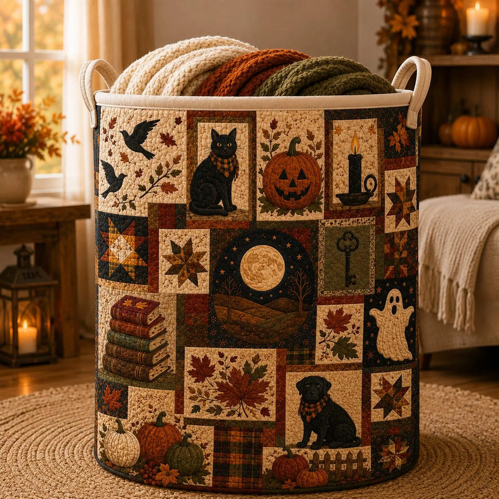 Quilted Laundry Basket, Halloween Storage Bin, Black Cat Pumpkin Hamper, Fall Decor Basket, Spooky Quilt Organizer. HLWLBPETAL4