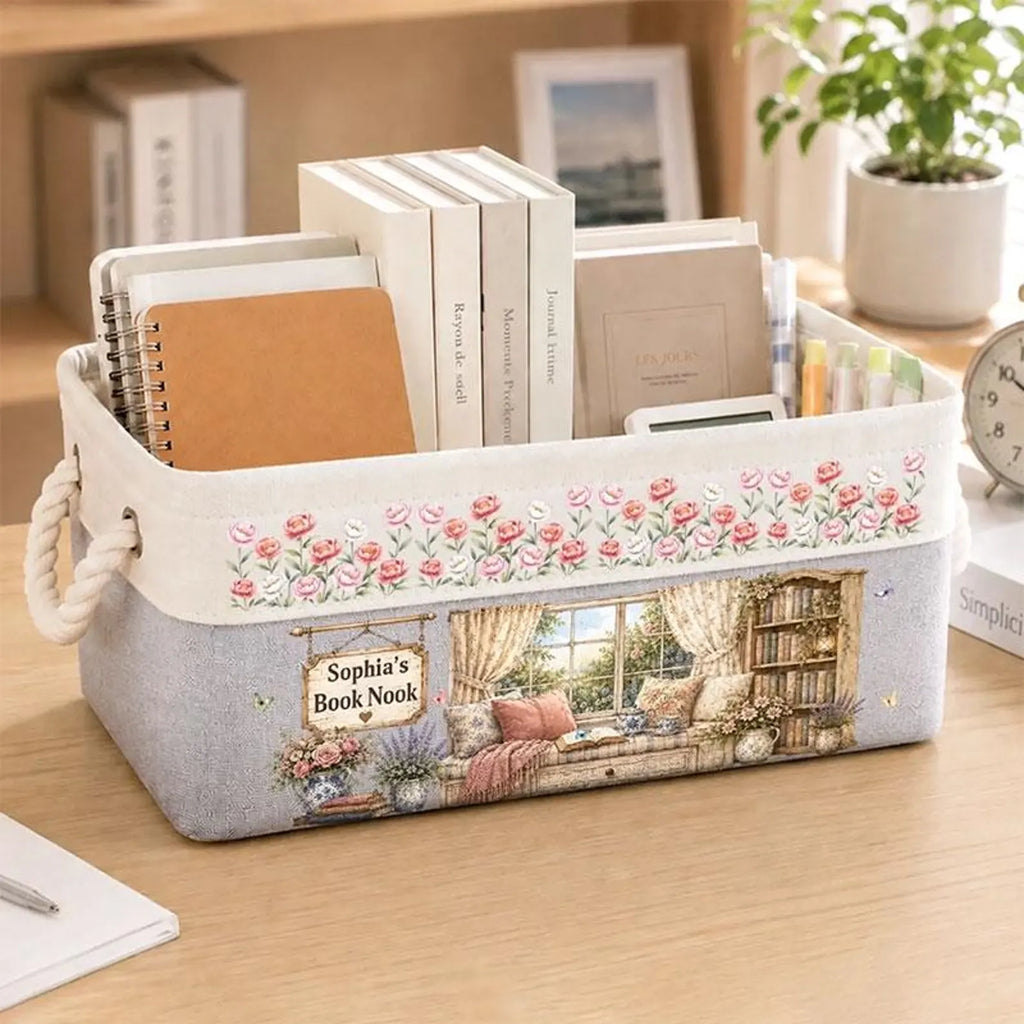 Personalized Book Storage Basket, Custom Bookish Gift for Book Lovers, Reading Room Decor. BBPETAL5