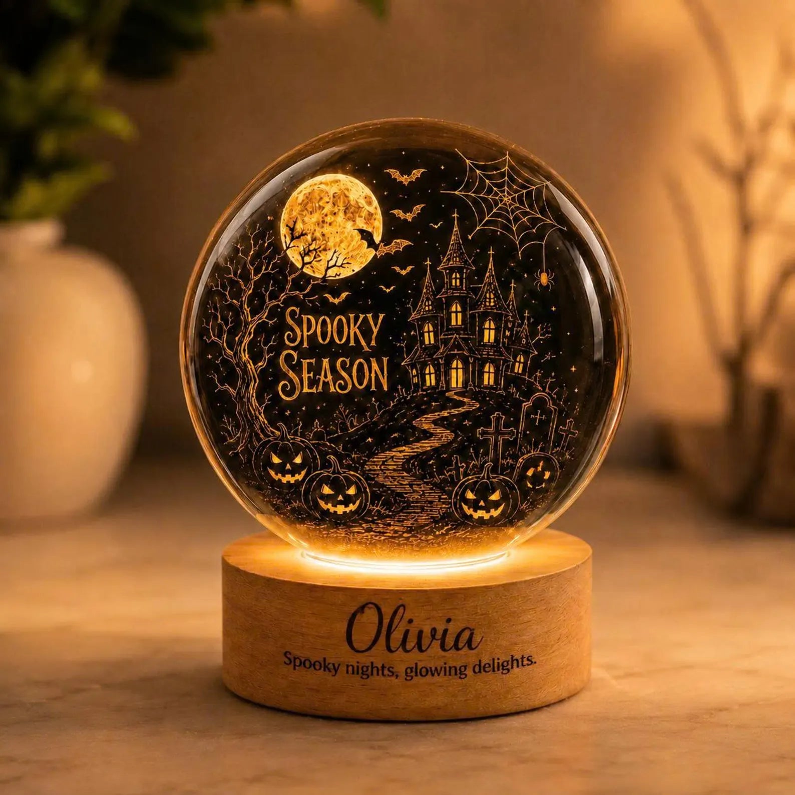 Personalized Halloween Crystal Ball Light, Spooky Season LED Lamp, Custom Name Wood Base. LEDPETAL4