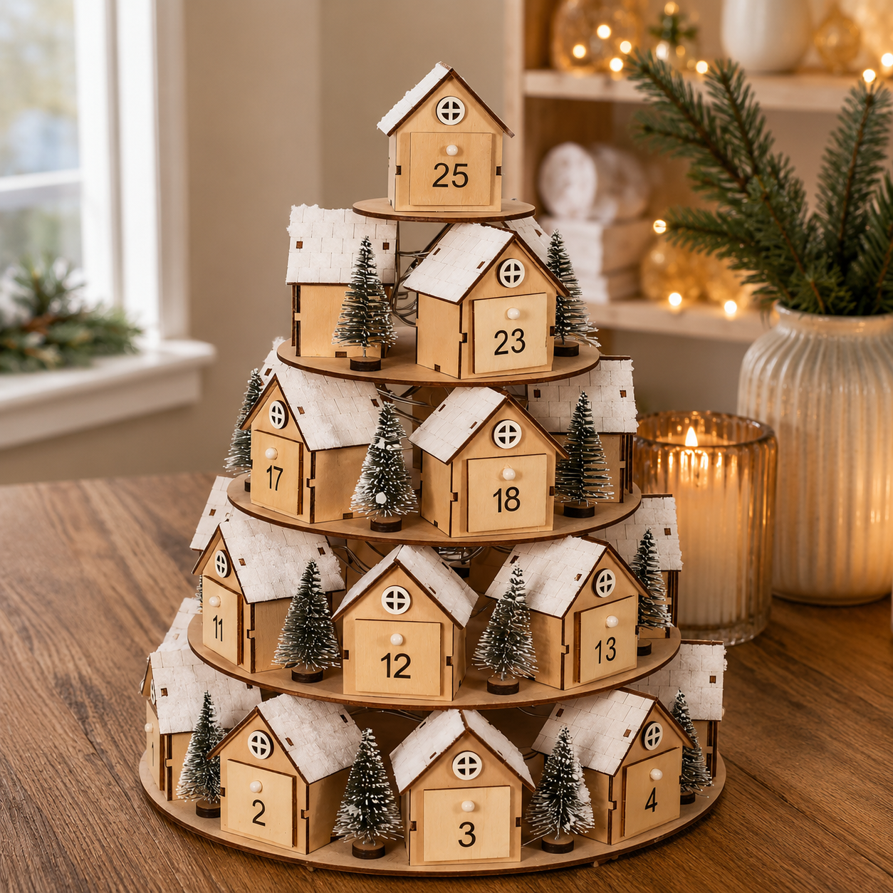 Wooden Christmas Tree Advent Calendar with 25 House Drawers, Snowy Village Holiday Countdown Decor – ACPETAL09
