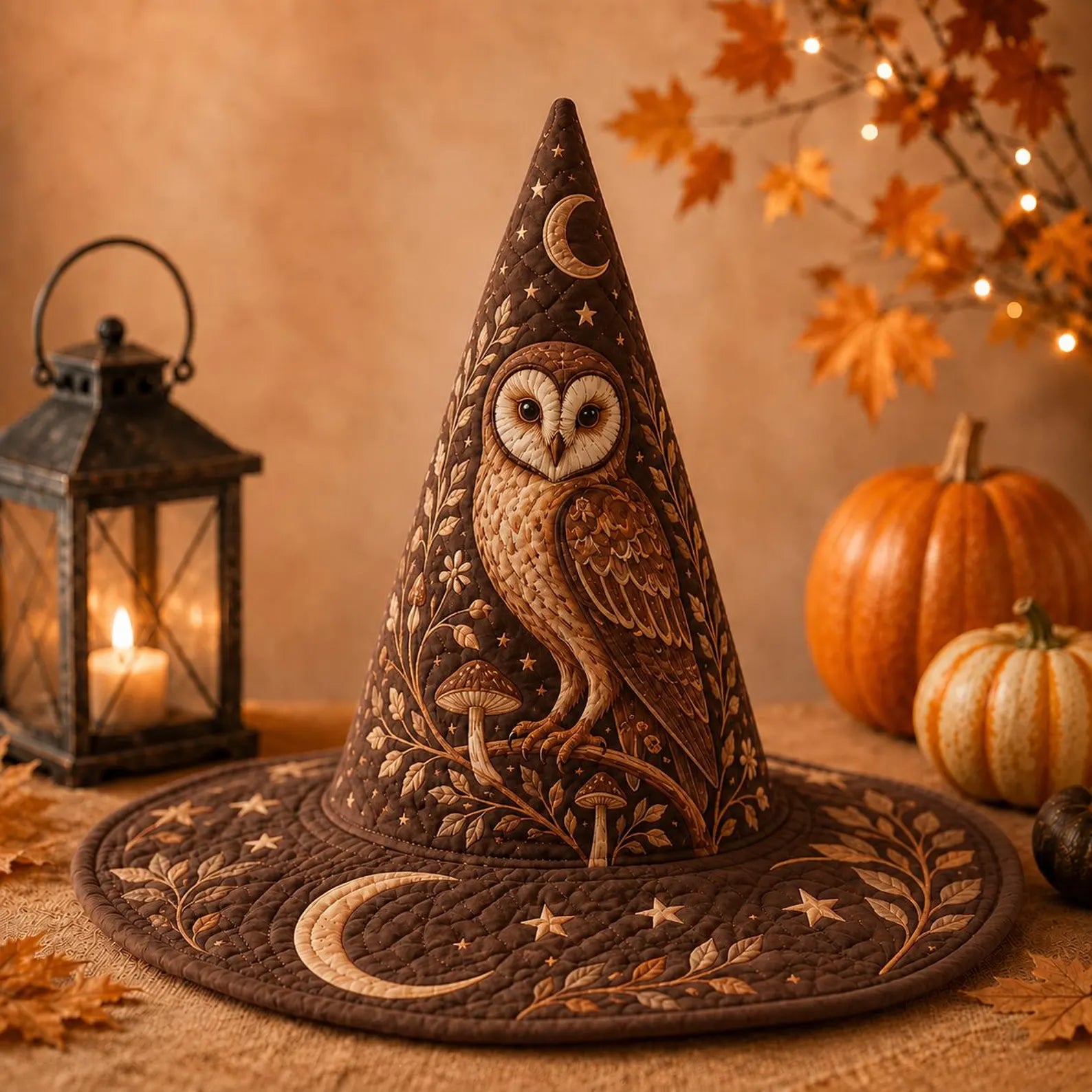 Quilted Owl Witch Hat, Celestial Woodland Wizard Hat, Brown Halloween Costume Accessory, Cottagecore Owl Hat. QWHPETAL21