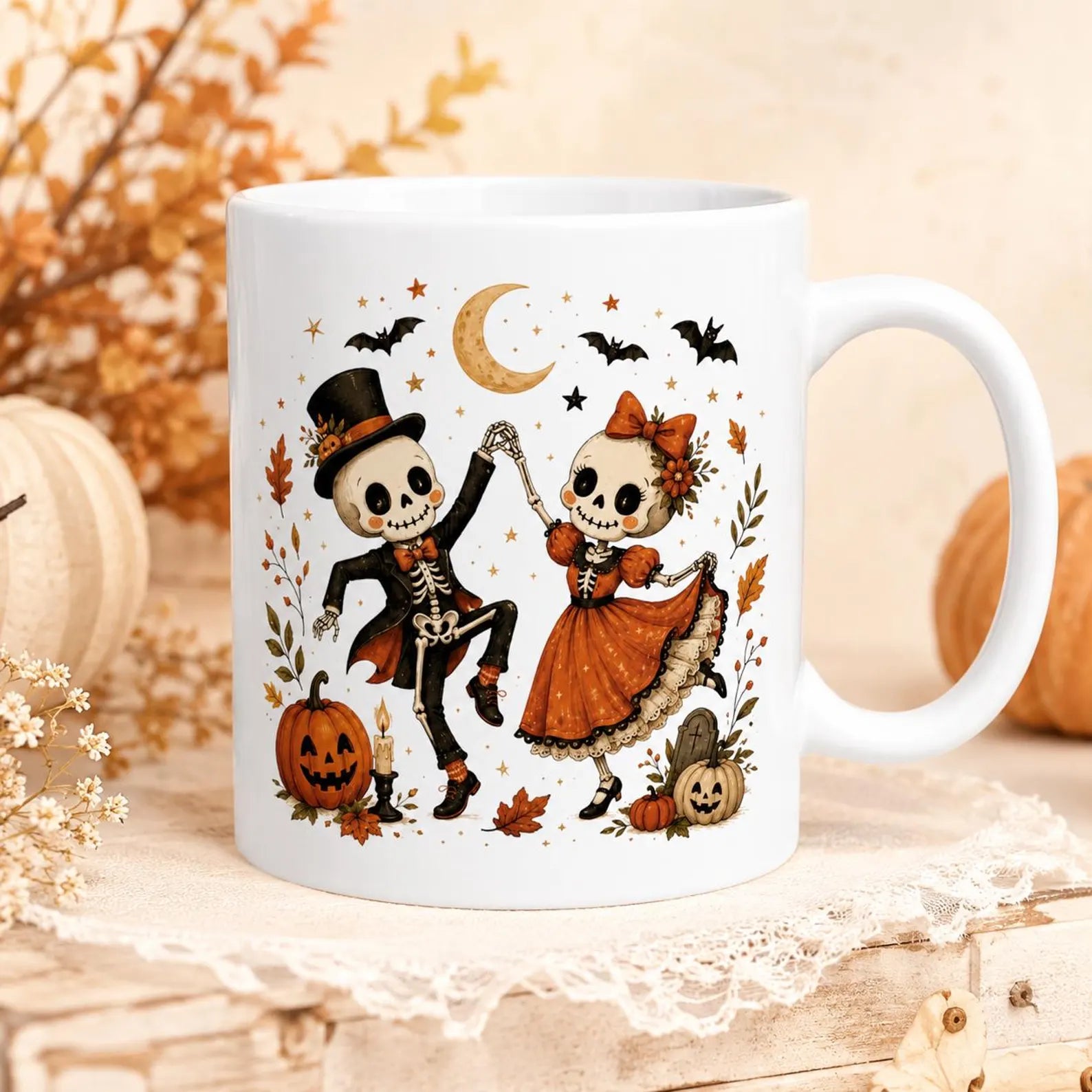 Halloween Skeleton Couple Mug, Dancing Skeletons Coffee Mug, Vintage Halloween Mug, Cute Skeleton Gift, Fall Halloween Coffee Mug. MPETAL1