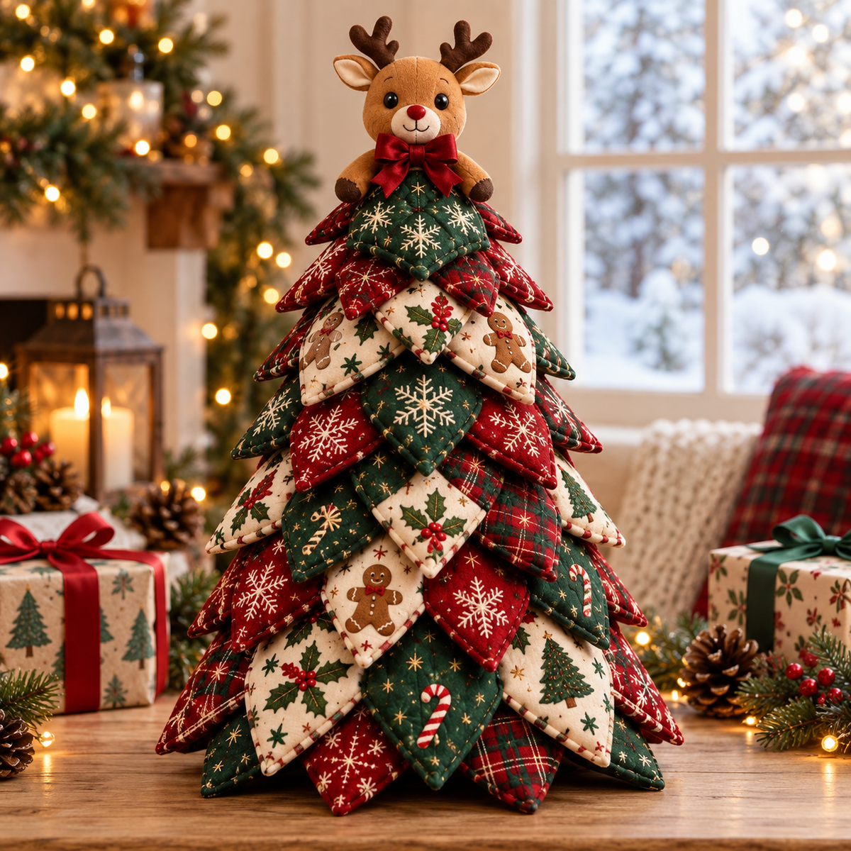 Handmade DIY Quilted Fabric Christmas Tree with Reindeer Topper, Rustic Holiday Tabletop Decoration – QCTPETAL17