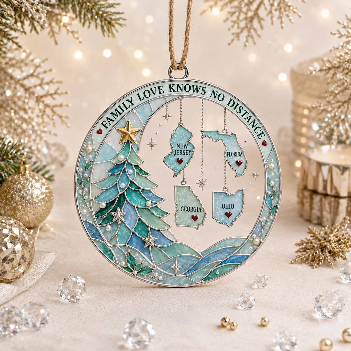 Personalized Long Distance Family Christmas Ornament, Custom State Ornament, Family Love Knows No Distance, 2D Flat Keepsake COPETAL52