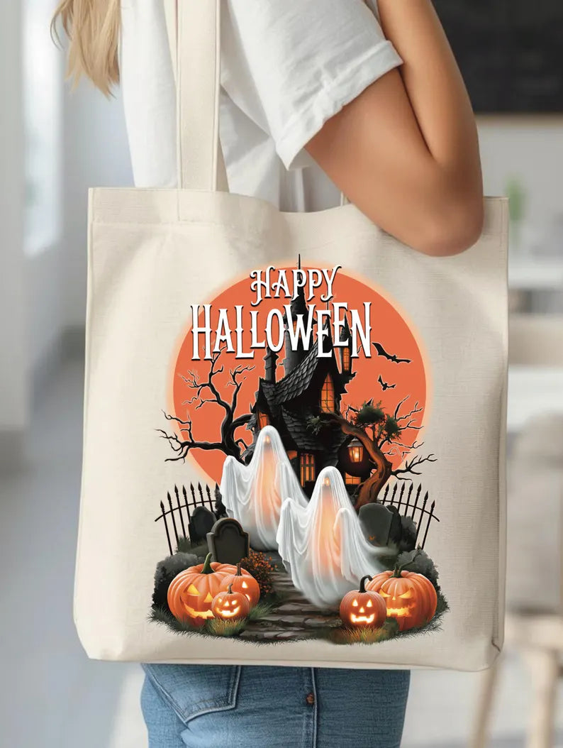 Happy Halloween Tote Bag, Haunted House Ghost Canvas Bag, Pumpkin Trick or Treat Bag, Spooky Season Halloween Gift Tote. HLWTBPETAL8