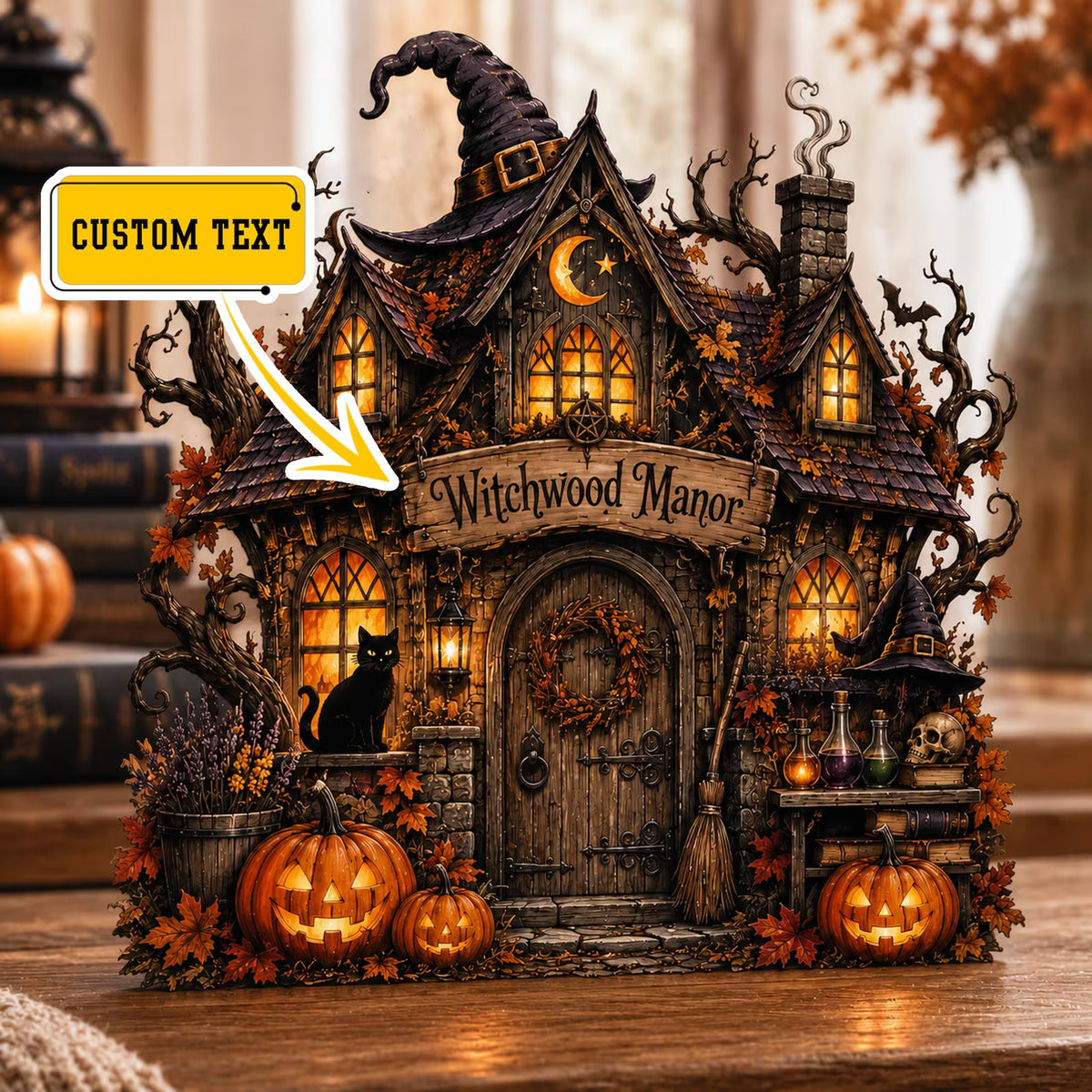 Custom Halloween Witch House Wooden Block, Personalized Pumpkin Cottage Decor, Spooky Autumn Table Sign, Witchy Home Decoration. WBPETAL1