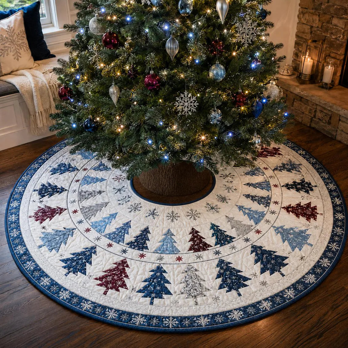 Quilted Christmas Tree Skirt, Patchwork Pine Tree Skirt, Farmhouse Holiday Decor, Rustic Christmas Tree Mat. CTSPETAL15