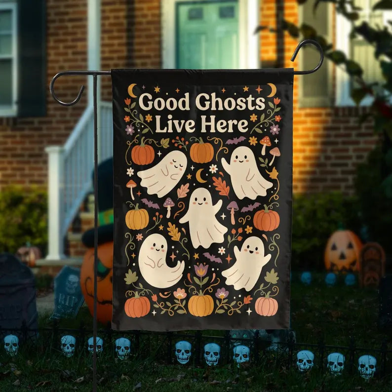 Outdoor Halloween Decorations, Garden Flag Made In Usa, Cute Ghost Pumpkin Decor, Halloween Decoration, Front Porch Decor, Housewarming Gift. HLWGFPETAL15