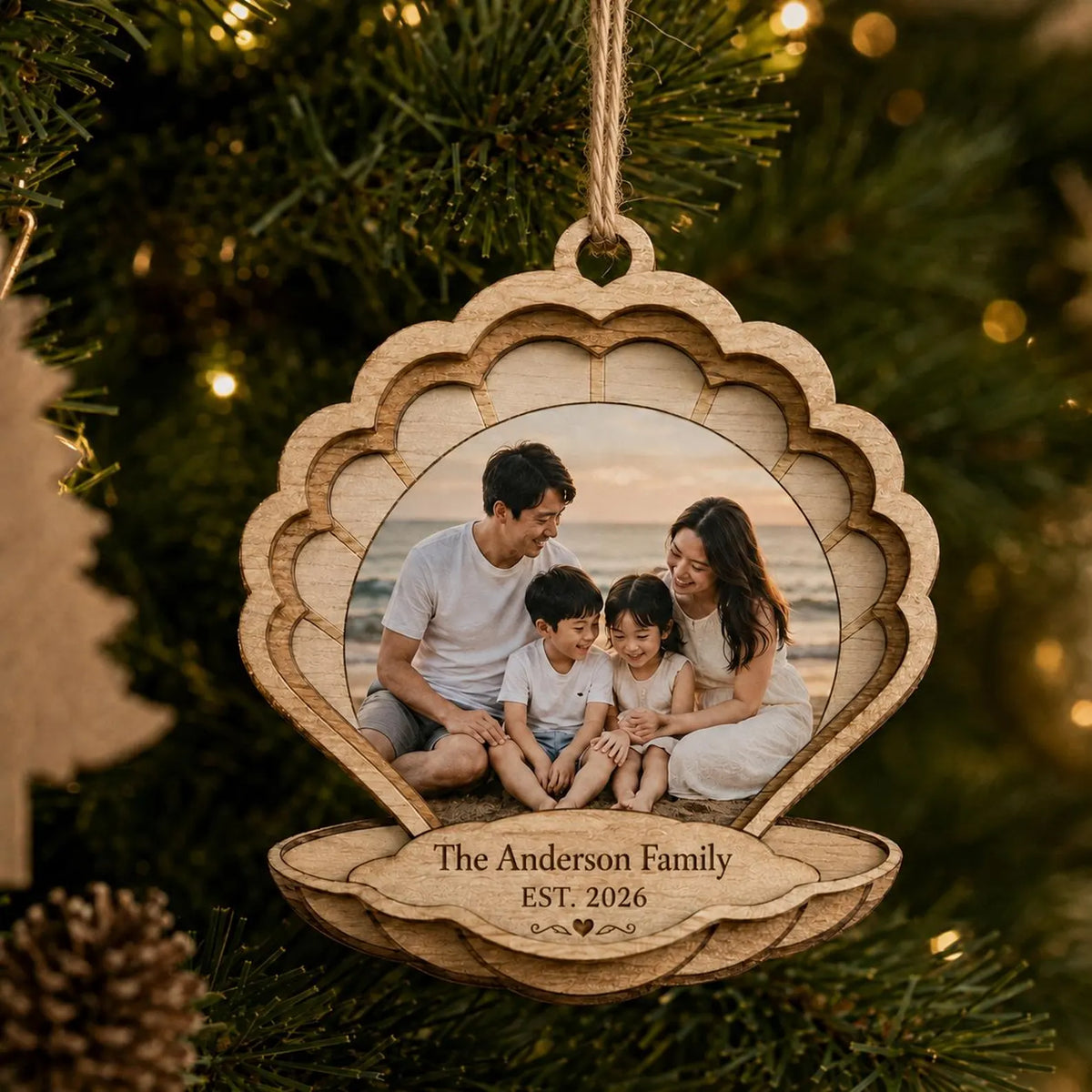 Personalized Photo Christmas 2d Flat Ornament, Custom Family Wooden Ornament 2026, Seashell Photo Keepsake, Family Name Gift 	COPETAL08