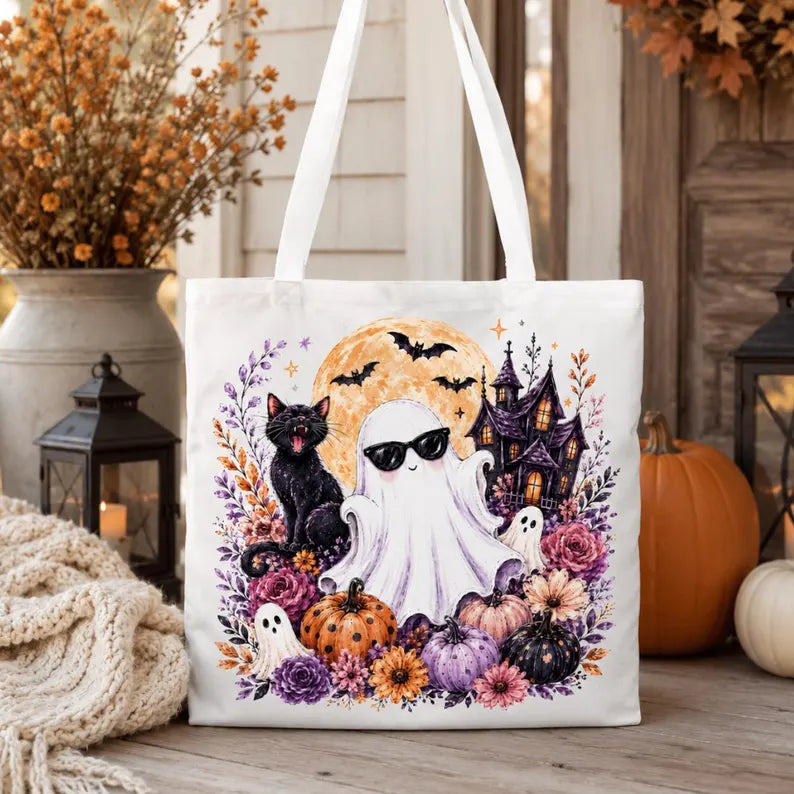 Spooky Summer Tote Bag, Halloween Beach Tote, Ghost Pumpkin Canvas Bag, Colorful Floral Tote, Cute Summer Bag. HLWTBPETAL6