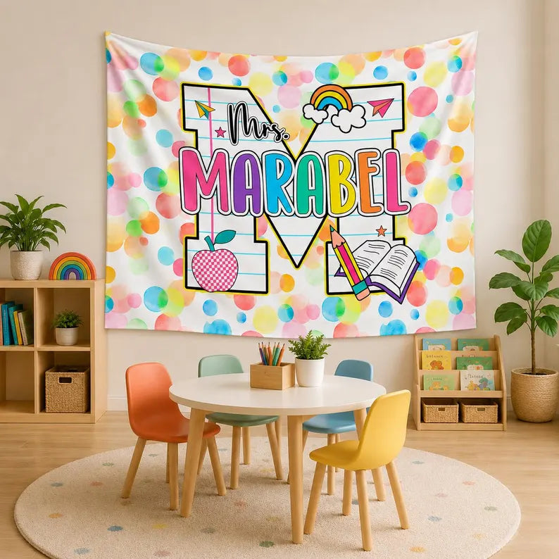 Personalized Welcome Back To School Teacher Tapestry, Classroom Wall Art Banner. CBPETAL04