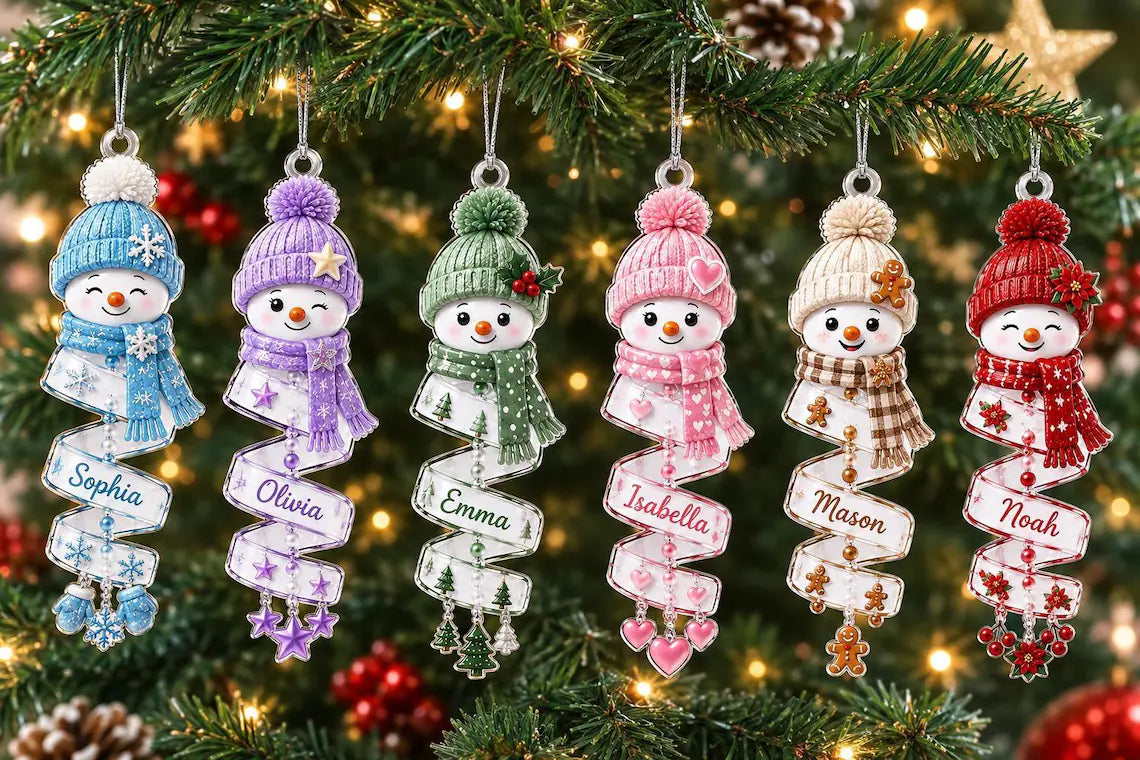 Christmas Snowman Spiral Ornament, Custom Name Snowman Acrylic Ornament, Christmas Tree Decor, Santa Snowman, 2026 Christmas Keepsake