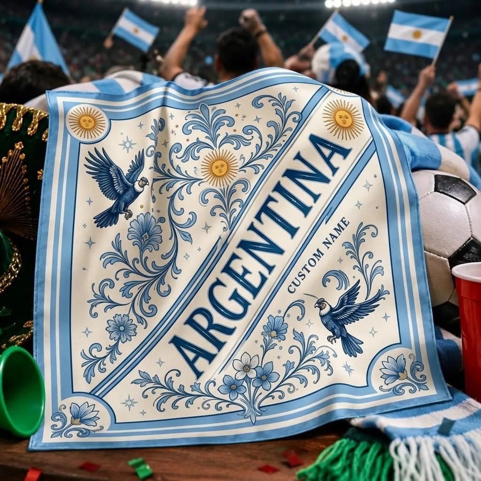 Custom Argentina Satin Scarf, Argentine Fan Bandana, Personalized Country Scarf, Custom Name Argentina Satin Scarf. SSPETAL12