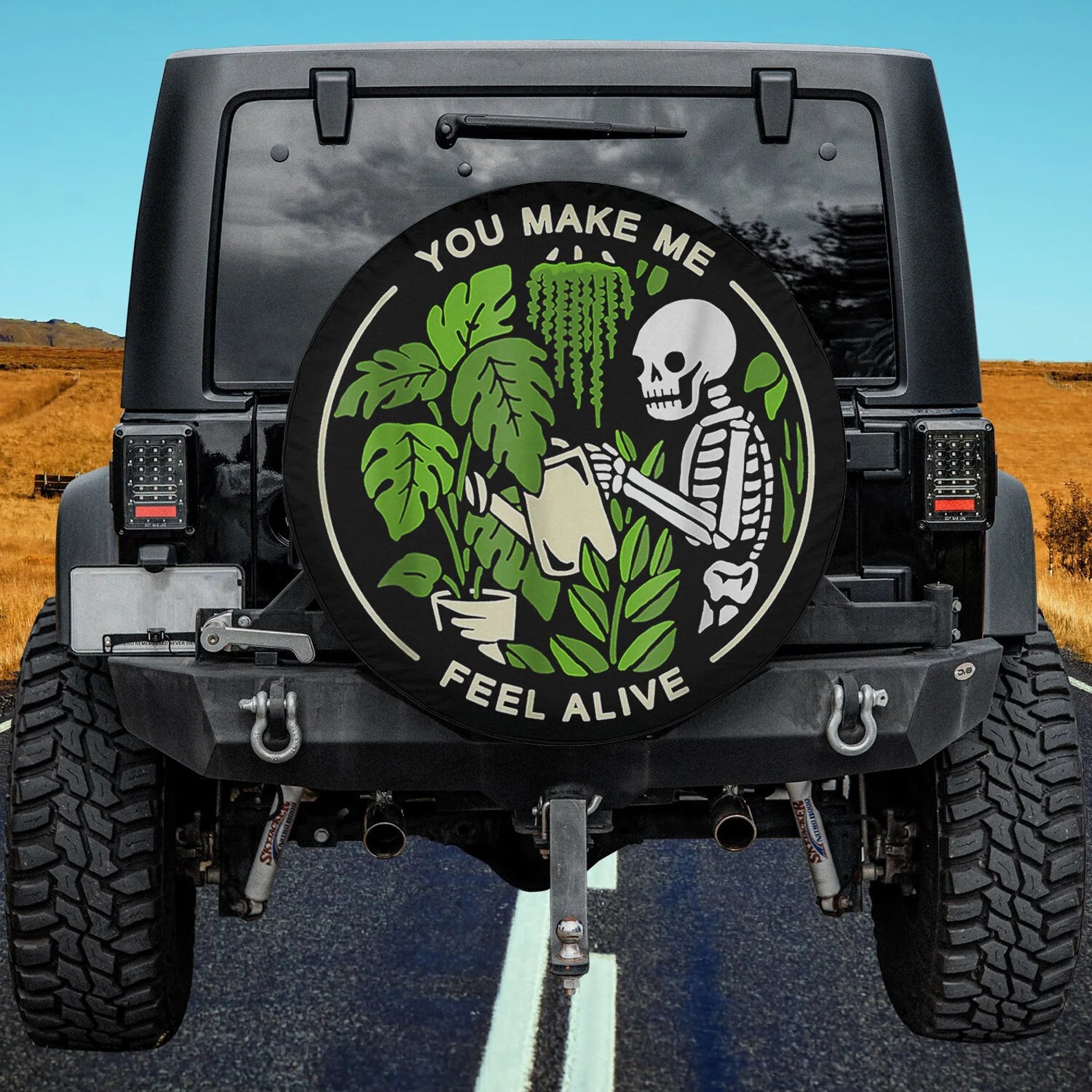 You Make Me Feel Alive PVC Leather Spare Tire Cover, Plant Lover Skeleton Tire Cover, Gothic Botanical Jeep Accessories, Funny Off Road Vehicle Gift. TCPETAL2