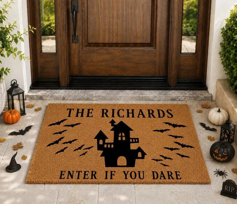 Personalized Halloween Doormat, Custom Family Name Welcome Mat, Spooky Family Home Decor, Fall Housewarming Gift, Trick or Treat Door Mat. DMPETAL7