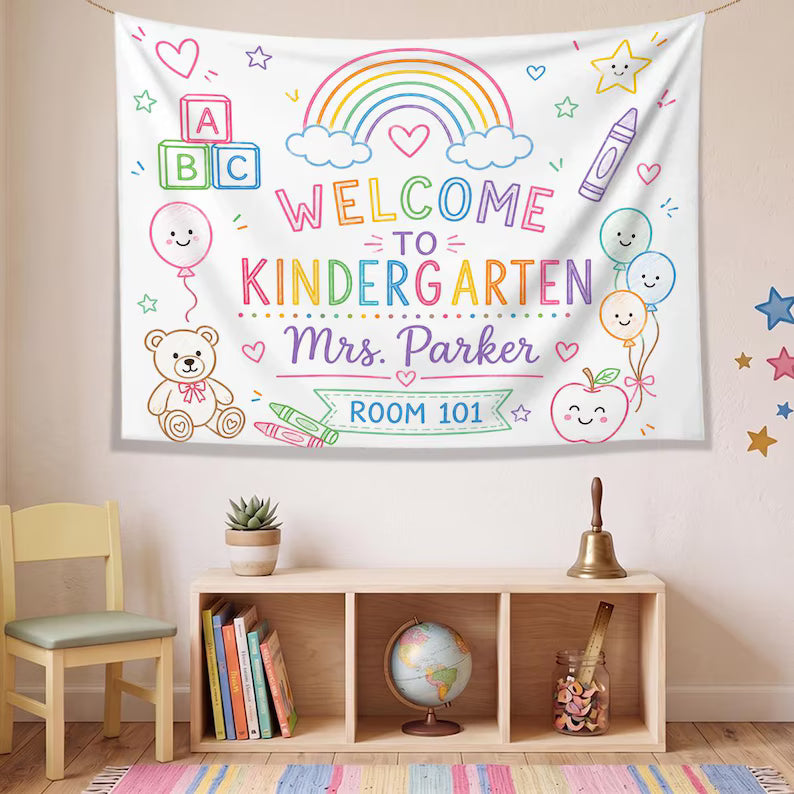Kindergarten Classroom Banner, Personalized Teacher Tapestry, Welcome to Kindergarten Sign ,personalized teacher banner. Classroom Banner Custom Name. CBPETAL14