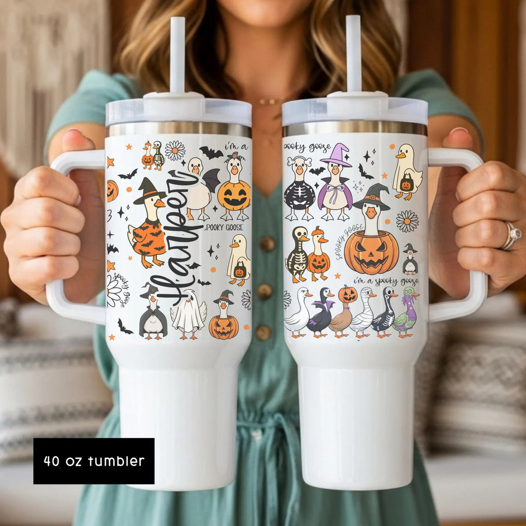 Spooky Goose 40oz Tumbler, Halloween Iced Coffee Cup, Goosebumps Travel Mug With Handle. TBLPETAL14