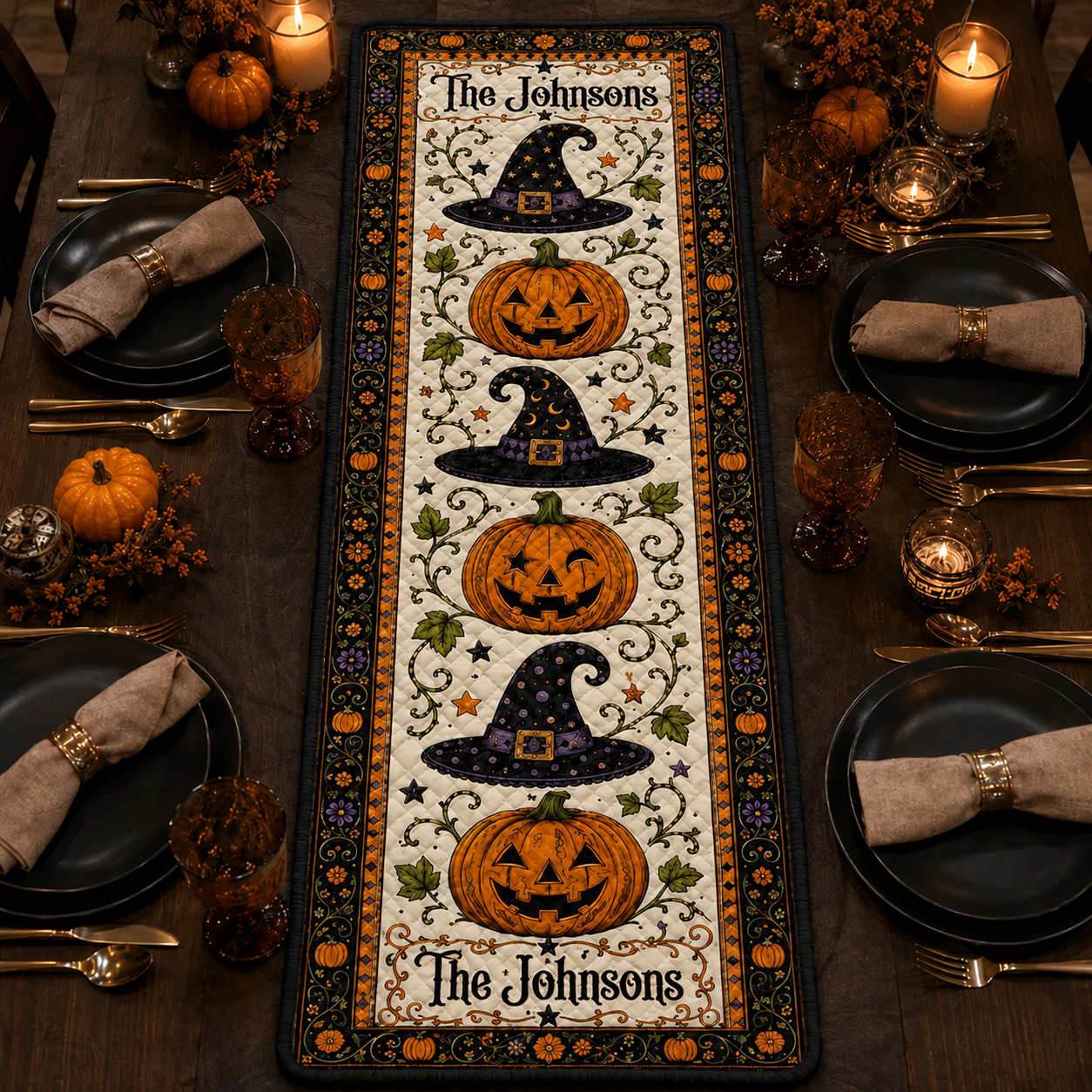 Personalized Halloween Quilted Table Runner, Custom Family Name Pumpkin and Witch Decor.QTRPETAL15