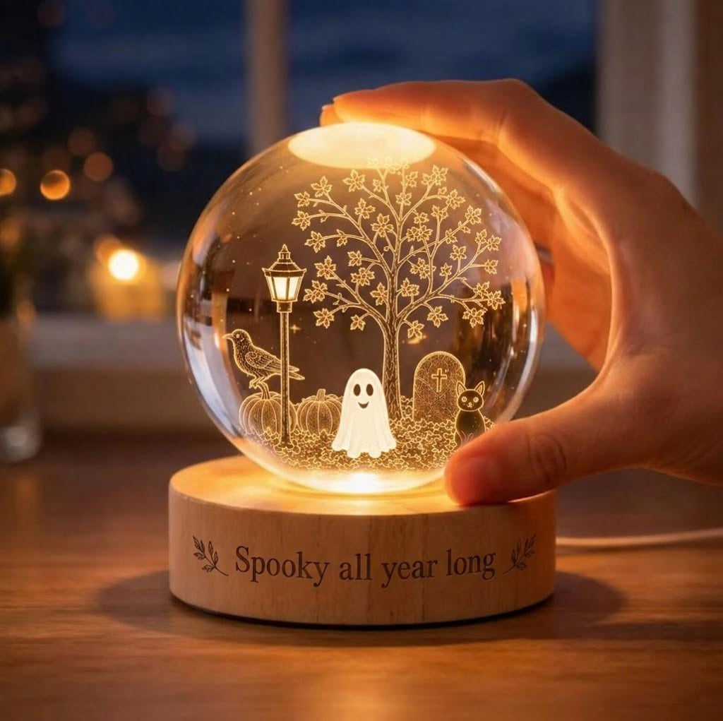 Spooky All Year Long Crystal Ball Lamp, Cute Ghost Night Light, Halloween Decor, Gothic Room Aesthetic, 3D Engraved Glass Sphere. LEDPETAL3