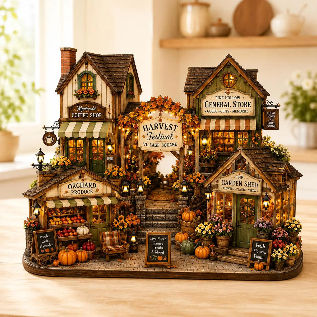 Personalized Harvest Festival Village Wooden Block, Custom Fall Market Shelf Decor, Rustic Autumn Village, Thanksgiving Home Decor Gift. WBPETAL3