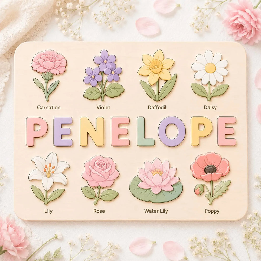 Personalized Wooden Name Puzzle, Custom Flower Toy for Toddler, Baby Girl Nursery Decor, First Birthday Gift, Wooden Floral Matching Game. NPPETAL10
