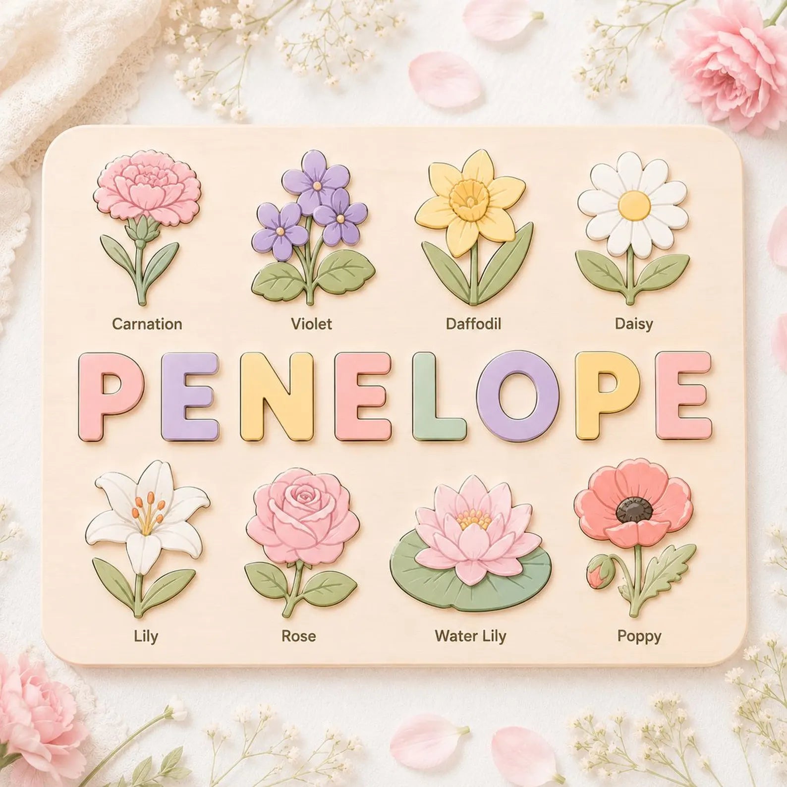 Personalized Wooden Name Puzzle, Custom Flower Toy for Toddler, Baby Girl Nursery Decor, First Birthday Gift, Wooden Floral Matching Game. NPPETAL10
