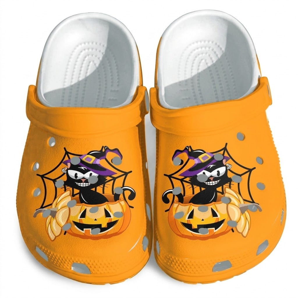 Halloween Black Cat Pumpkin Clogs – Orange Spooky Slip-On Shoes with Witch Hat & Spider Web Design, Cute Fall Halloween Gift for Women, Men & Kids. CLPETAL15