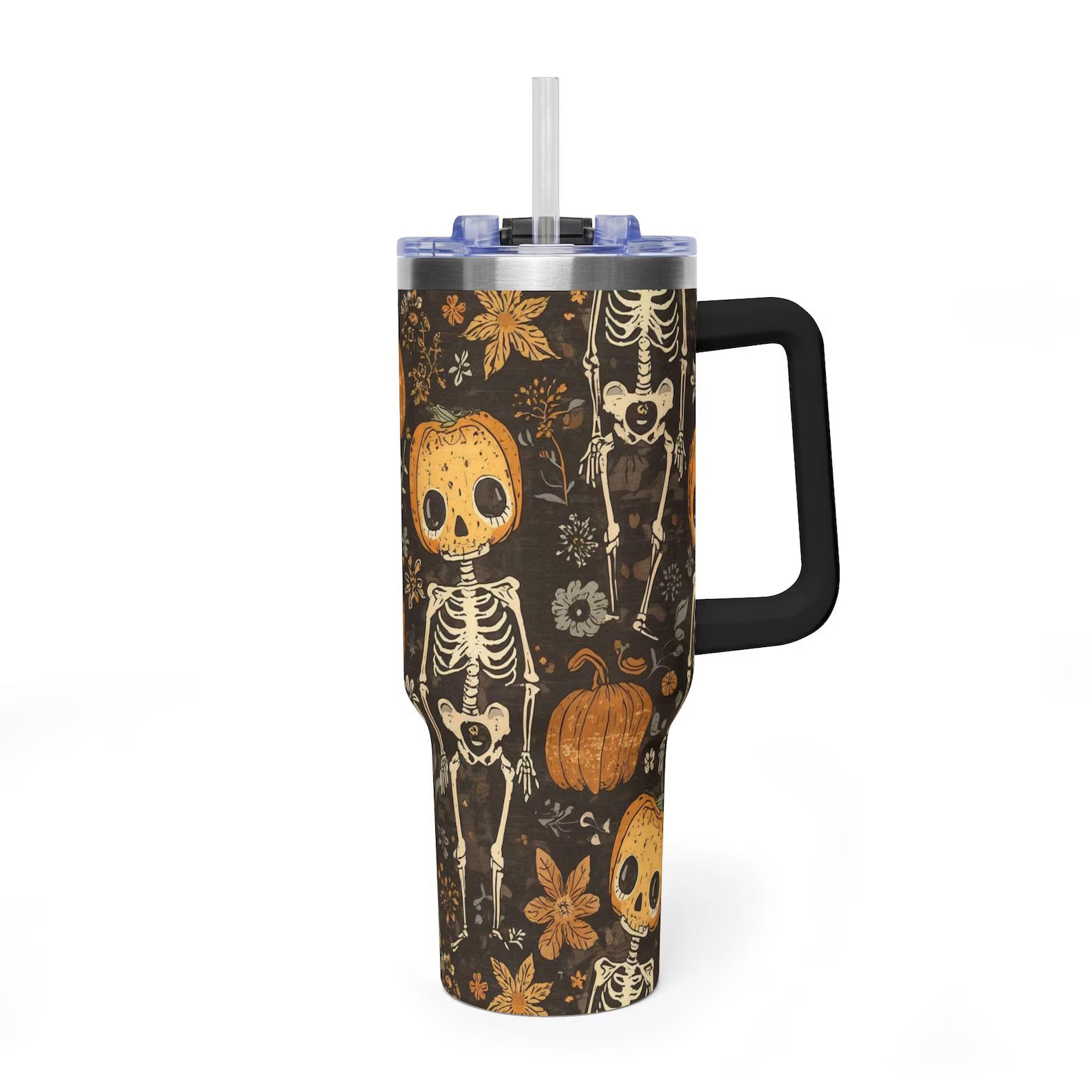 Funny Halloween Skeleton Pumpkin 40oz Tumbler With Handle Spooky Season Gift For Her Custom Fall Quencher Cup For Friends. TBPETAL1