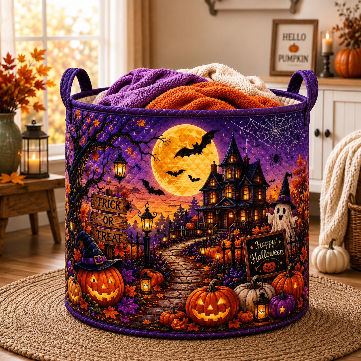 Halloween Quilted Laundry Basket, Spooky Storage Bin, Pumpkin Decor Hamper, Haunted House Organizer, Trick or Treat Basket. HLWLBPETAL6