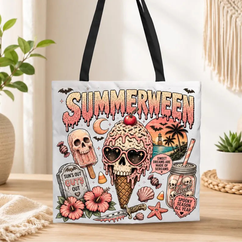 Summerween Tote Bag, Cute Halloween Beach Bag, Spooky Skull Ice Cream Candy Shopper, Funny Summer Birthday Gift For Her Friend Vacation. HLWTBPETAL3