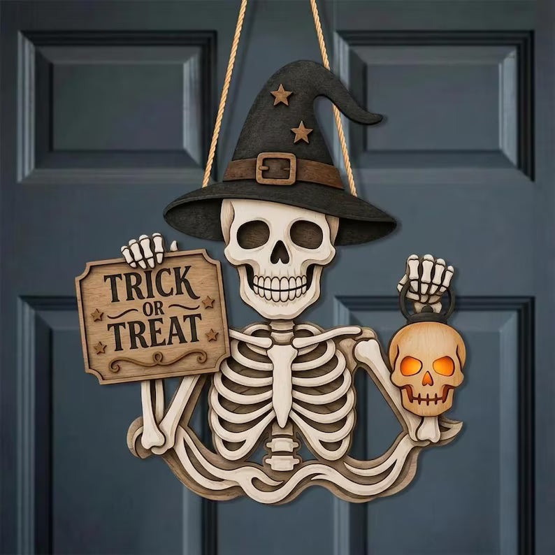 Skeleton Welcome Wooden Door Hanger, Trick or Treat Halloween 2D Flat Sign, Witch Hat Decor, Wooden Halloween Door Sign, Halloween Gift. HLWDHPETAL06
