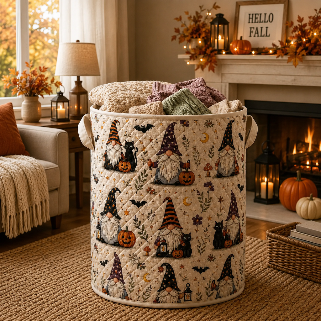 Halloween Quilted Laundry Basket, Gnome Storage Bin, Spooky Farmhouse Decor, Pumpkin Organizer Hamper, Witchy Home Gift. HLWLBPETAL15
