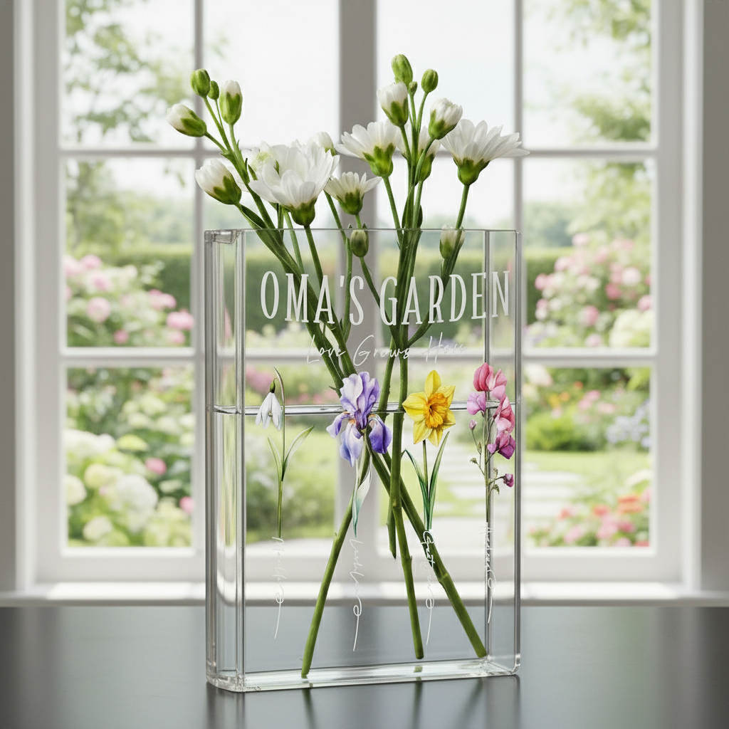 Book-Shaped Acrylic Vase for Flowers, Personalized Birth Flower Vase for Mom/Grandma, Custom Kids Name Clear Vase, Mother's Day Gift