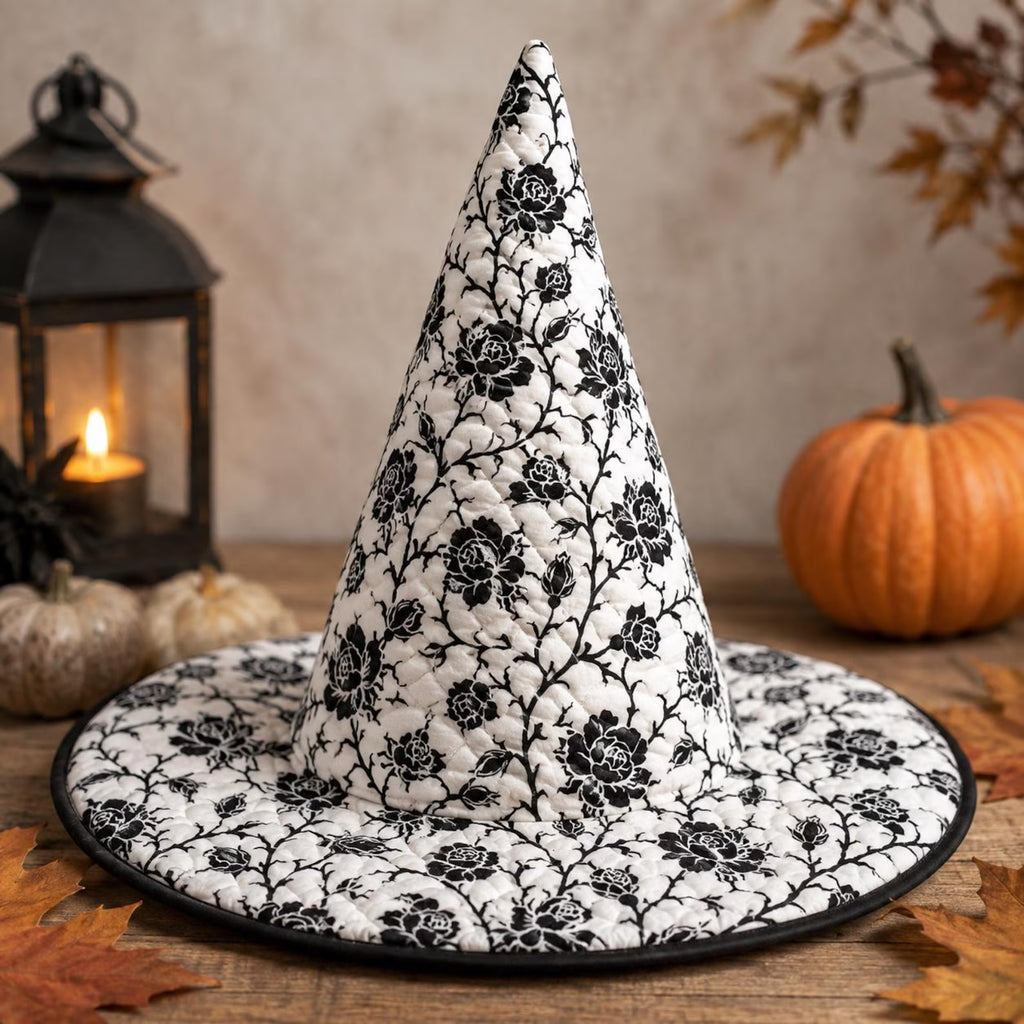 Quilted Floral Witch Hat, Black and White Gothic Wizard Hat, Cottagecore Halloween Costume, Elegant Rose Cosplay Hat. QWHPETAL22