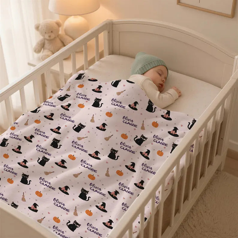 Personalized Halloween Baby Blanket | Custom Baby Name Blanket Black Cats Witch Hats | Baby's First Halloween Gift | Newborn Baby Shower. BLKPETAL6