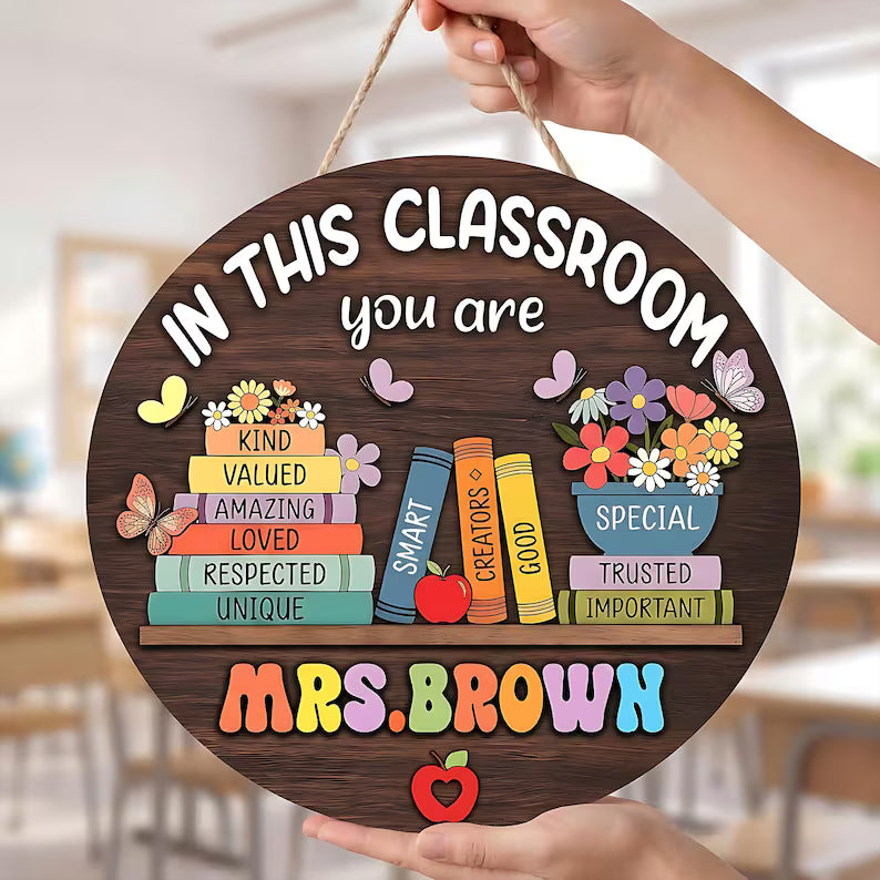 Personalized Teacher 3D Wooden Door Sign, Custom Teacher Door Hanger, Cute Classroom Decor, Teacher Name Sign Appreciation Gift for School. DHPETAL06
