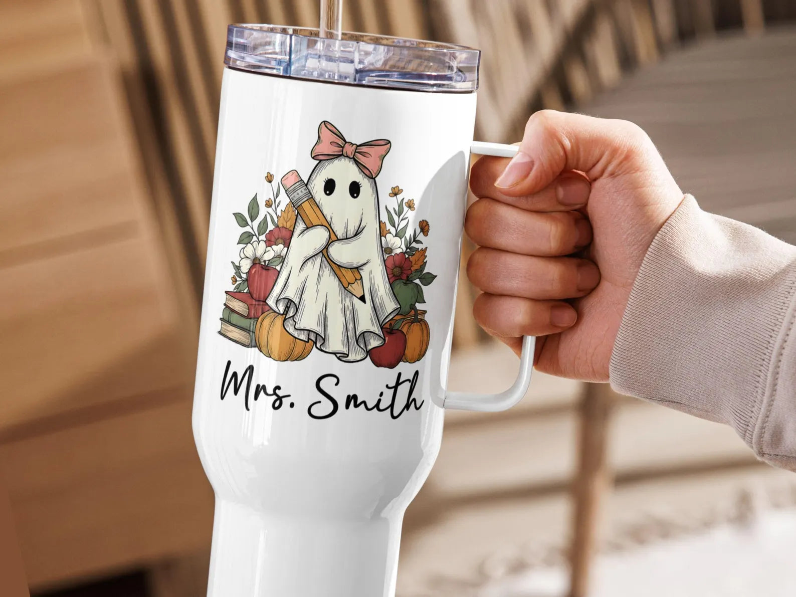 Personalized Teacher 40oz Tumbler Halloween Gift for Teacher Fall Gift, Teacher Travel Mug, Custom Teacher Tumbler Gift, Ghost Tumbler Cup. TBLPETAL9