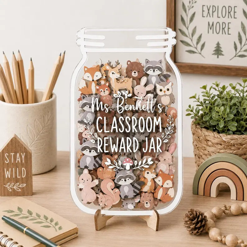 Personalized Woodland Animal Reward Jar, Wooden Forest Theme Classroom Incentive, Custom Nature Token Board for Kids, Back to School Gift. RJPETAL03