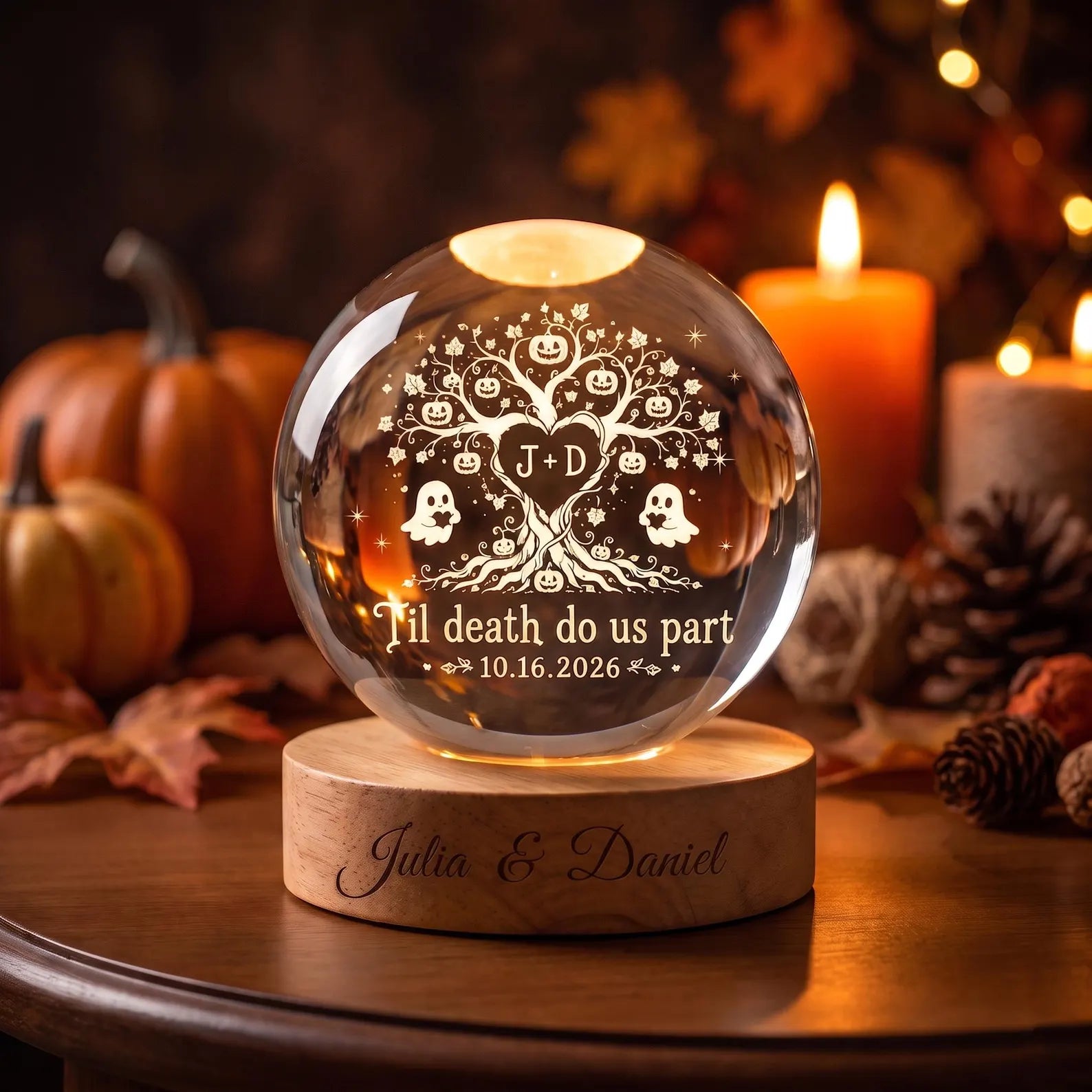 Custom Halloween Tree of Love Couple Crystal Ball Night Light, Wedding Gift for Couple, Spooky Couple LED Night Light, Halloween Home Decor. LEDPETAL6