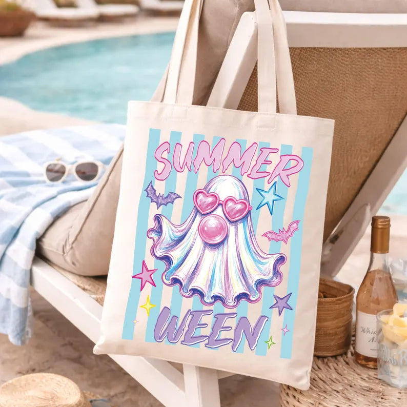 Halloween Summer Tote Bag, Funny Beach Tote, Spooky Season Gift Bags, Ghost Pumpkin Tote. HLWTBPETAL13