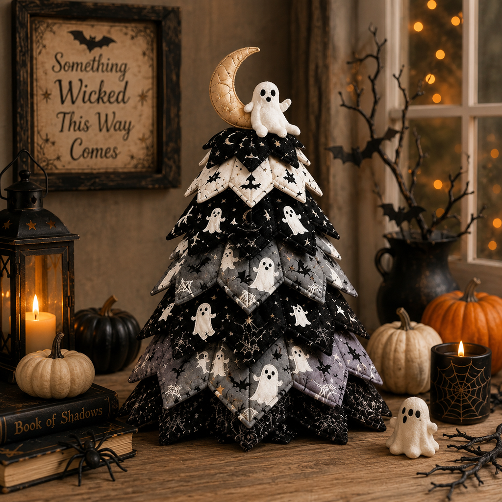 Halloween Ghost Quilted Fabric Tree Tabletop Decoration, Handmade Spooky Moon & Bat Fall Home Decor QCTPETAL03