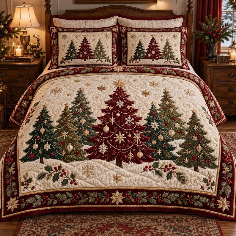 Christmas Tree Quilted Bedding Set, Burgundy Green Holiday Bedspread with Pillowcases, Festive Winter Bedroom Decor, Bedding Decor PTBED01