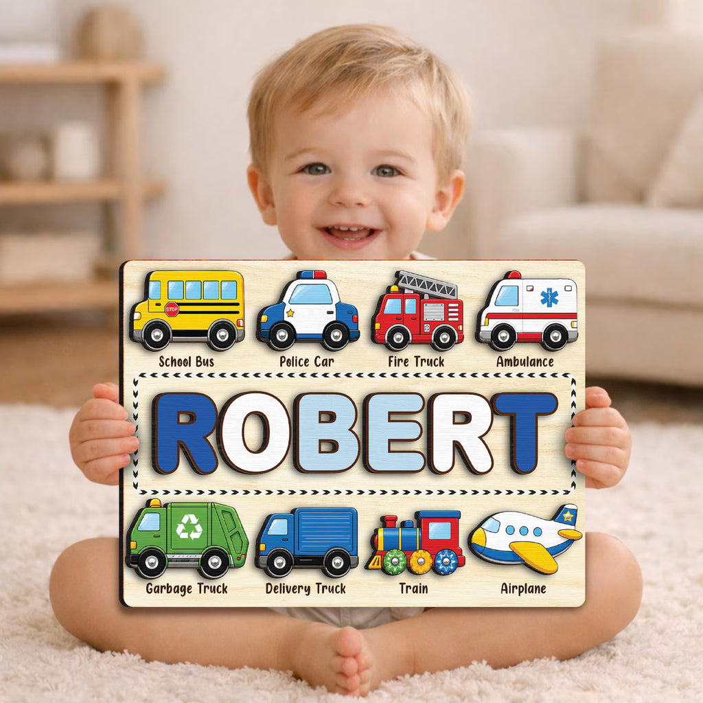 Custom Transportation Puzzle with Cars,Vehicle Name Puzzle Board,Montessori Toy for Baby Boys,Newborn Gift,Toddlers Gift,Baby Room Decor. NPPETAL20