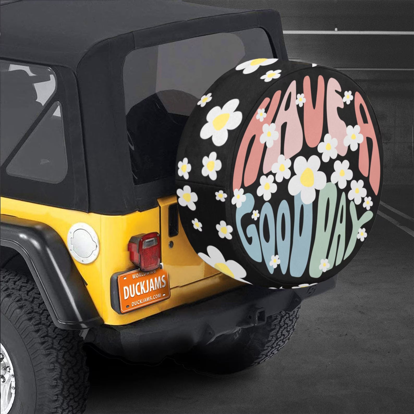 Have a Good Day PVC Leather Spare Tire Cover, Daisy Flower Jeep Tire Cover, Retro Floral Car Accessories, Cute Off Road Vehicle Gift. TCPETAL5