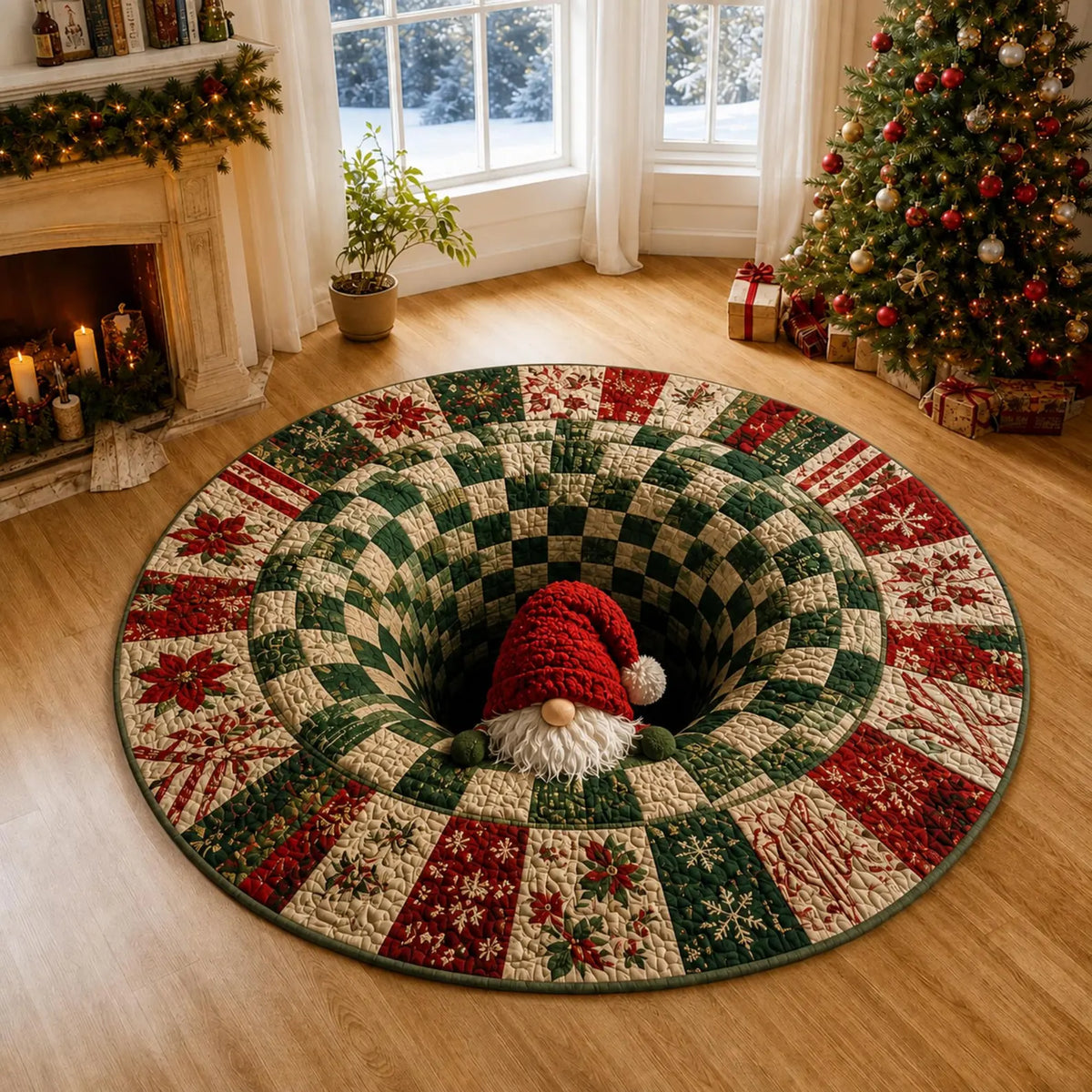 Christmas Gnome 3D Vortex Round Rug, Patchwork Quilt Optical Illusion Floor Mat, Non Slip Holiday Area Rug, Xmas Home Decor Gift. QRPETAL39
