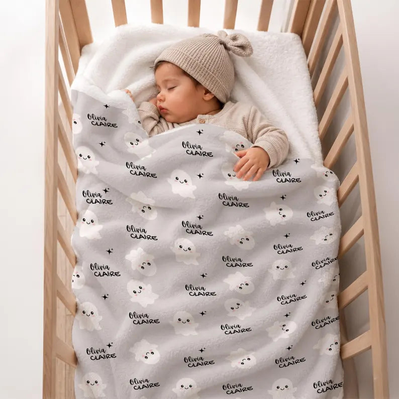 Personalized Ghost Baby Blanket | Custom Baby Name Halloween Blanket | Cute Ghost Nursery Blanket | Baby's First Halloween Gift for Newborn. BLKPETAL8