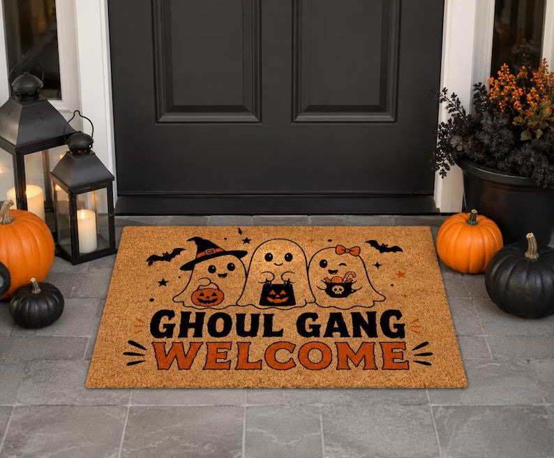 Ghoul Gang Welcome Doormat, Halloween Ghost Coir Mat, Cute Spooky Front Door Mat, Fall Porch Decor. DMPETAL1