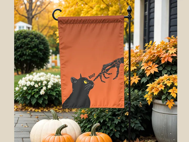 Black Cat Garden Flag Cute Halloween Porch Decor with Skeleton Hand Funny Boop Cat Gift Idea for Cat Lovers Outdoor Spooky Yard Banner. HLWGFPETAL16