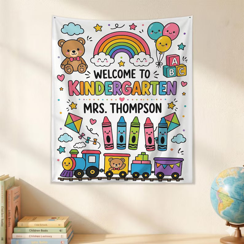 Personalized Kindergarten Tapestry, Welcome to Kindergarten Banner, Teacher Classroom Decor. CBPETAL17