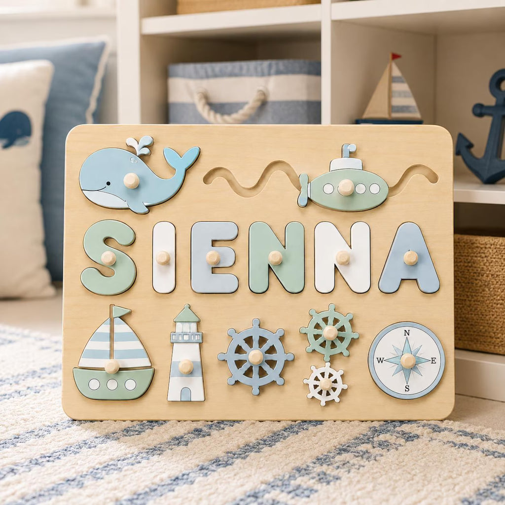 Personalized Nautical Name Puzzle, Custom Wooden Ocean Name Puzzle for Toddlers, Montessori Sea Adventure Puzzle, Kids Nursery Gift. NPPETAL18